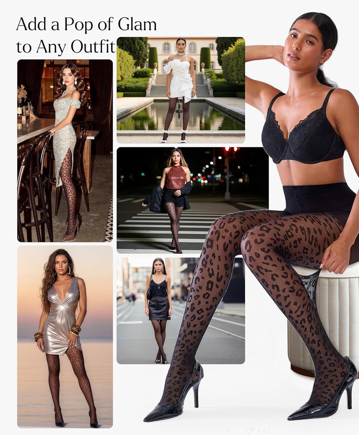 imagePopilush Black Tights for Women Leopard Patterned Pantyhose High Waist Tights 20DBlackleopard