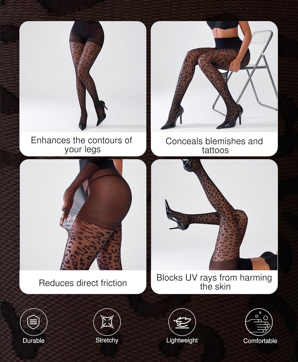 imagePopilush Black Tights for Women Leopard Patterned Pantyhose High Waist Tights 20DBlackleopard