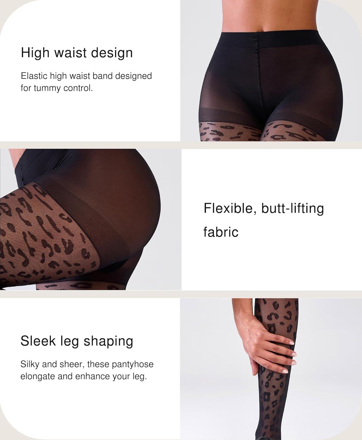 imagePopilush Black Tights for Women Leopard Patterned Pantyhose High Waist Tights 20DBlackleopard