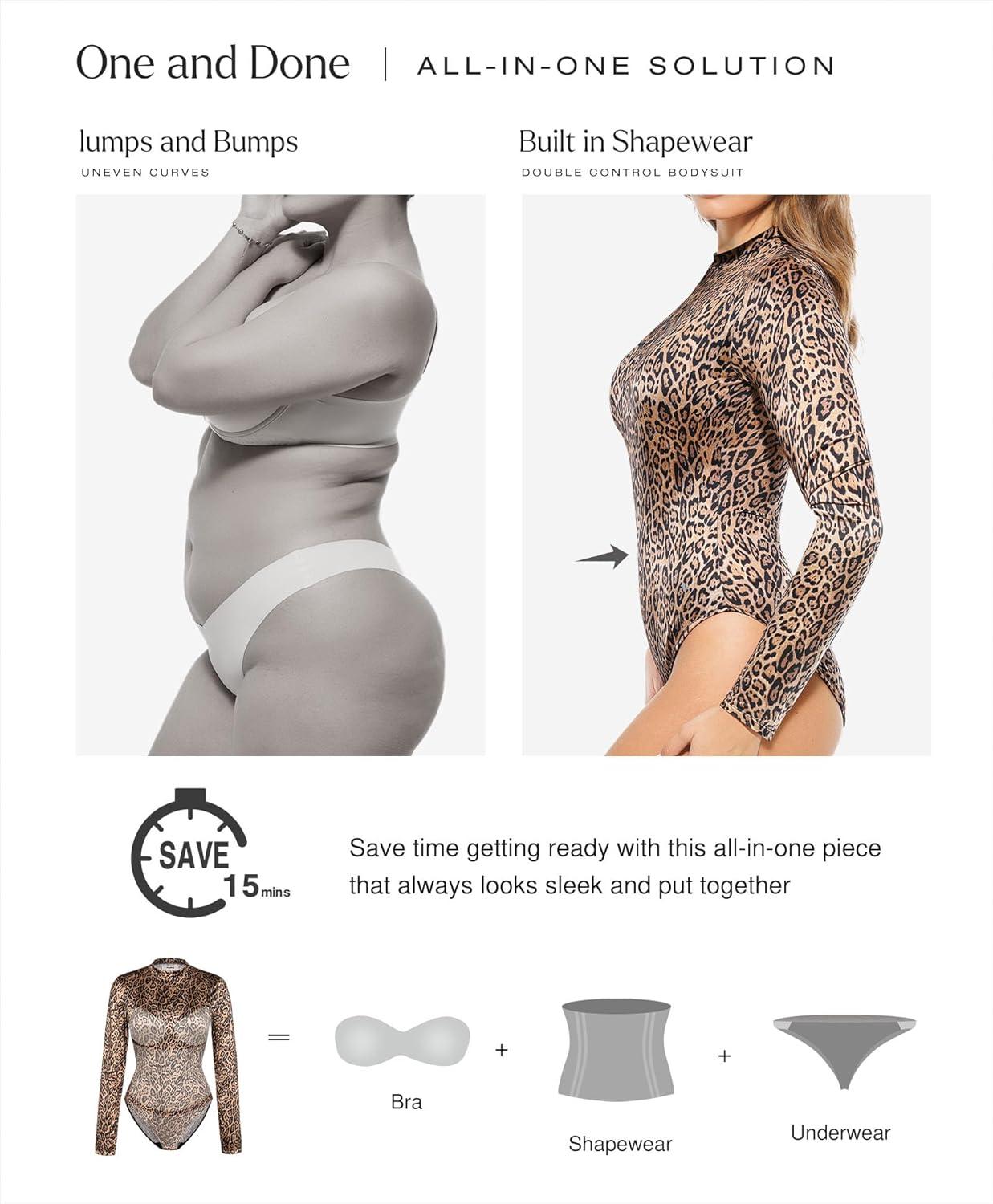 imagePopilush Long Sleeve Body Suits Womens Turtle Neck Bodysuits Full Body Shapewear Tummy Control Jumpsuit Fall Winter OutfitsLeopard