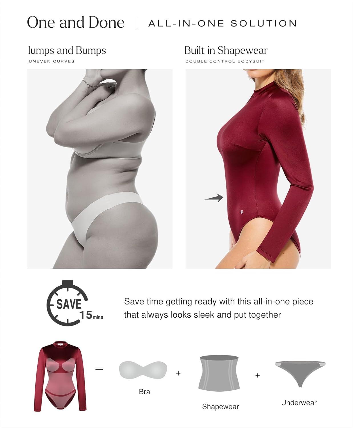 imagePopilush Long Sleeve Body Suits Womens Turtle Neck Bodysuits Full Body Shapewear Tummy Control Jumpsuit Fall Winter OutfitsRed