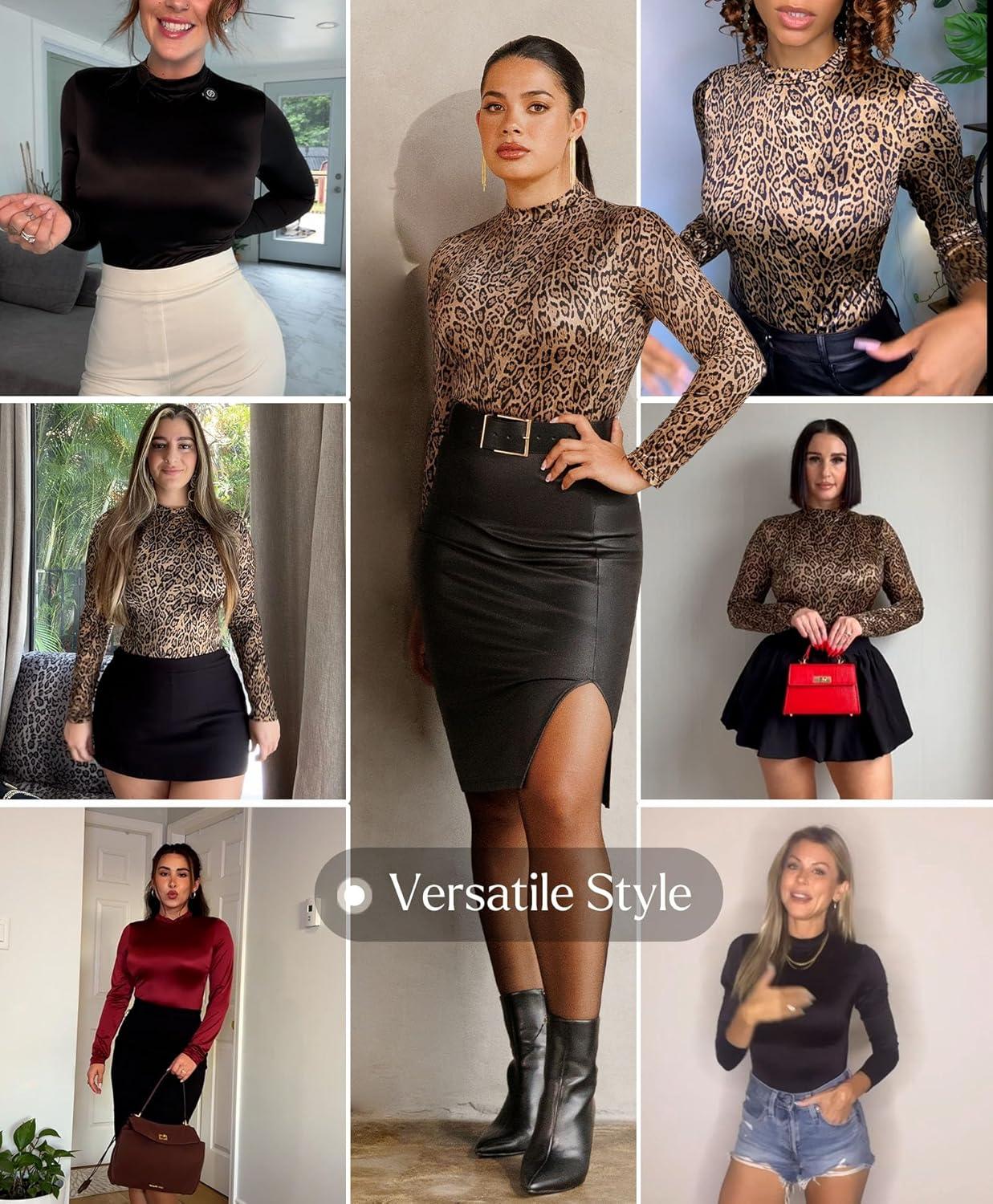 imagePopilush Long Sleeve Body Suits Womens Turtle Neck Bodysuits Full Body Shapewear Tummy Control Jumpsuit Fall Winter OutfitsRed