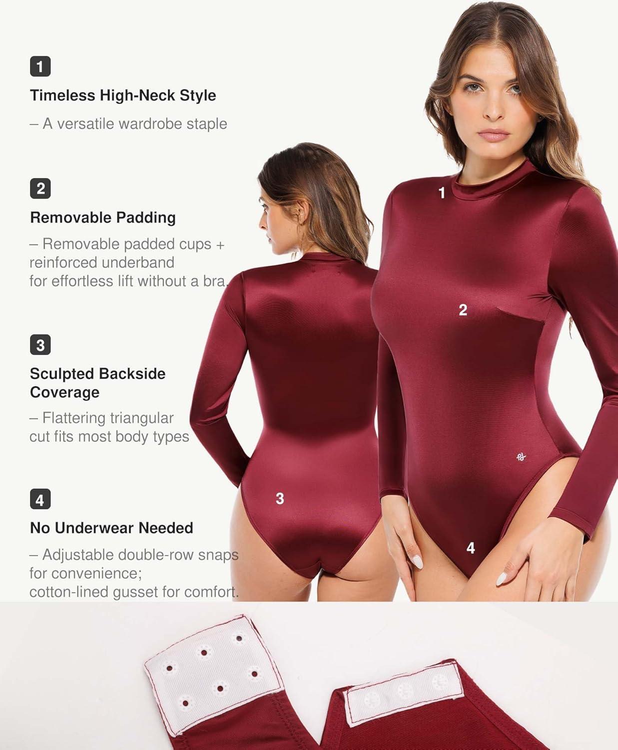imagePopilush Long Sleeve Body Suits Womens Turtle Neck Bodysuits Full Body Shapewear Tummy Control Jumpsuit Fall Winter OutfitsRed