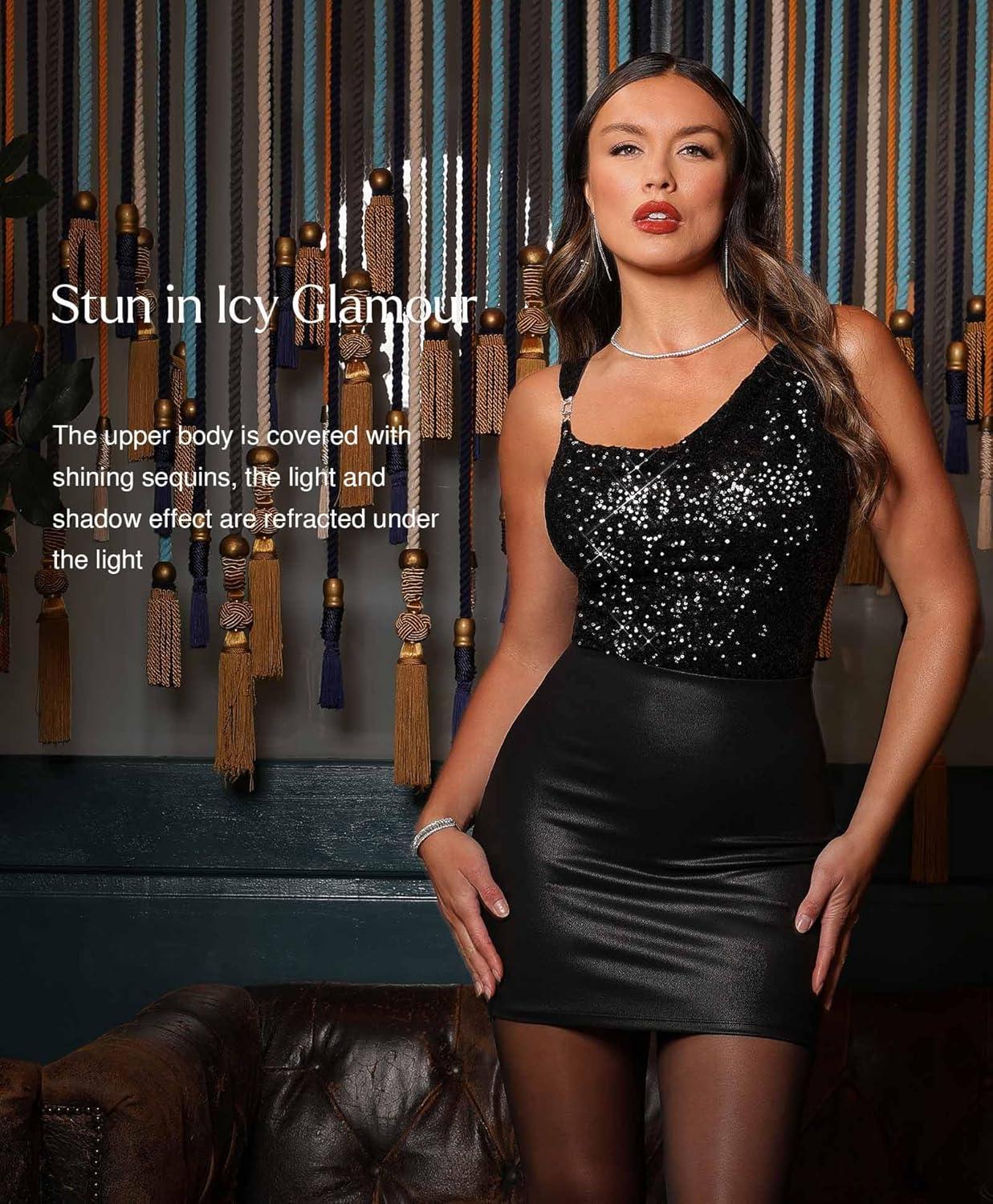 imagePopilush Shapewear for Women Sequin Cowl Neck Chain Tummy Control Sparkly Body Shaper Sexy Body Suit Going Out Party TopBlack