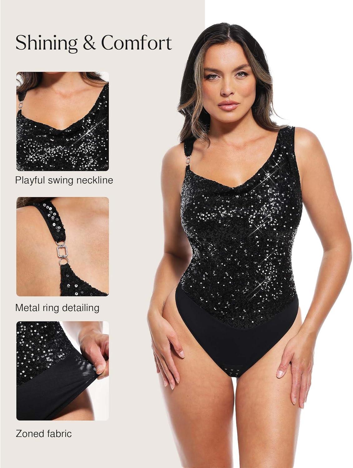imagePopilush Shapewear for Women Sequin Cowl Neck Chain Tummy Control Sparkly Body Shaper Sexy Body Suit Going Out Party TopBlack