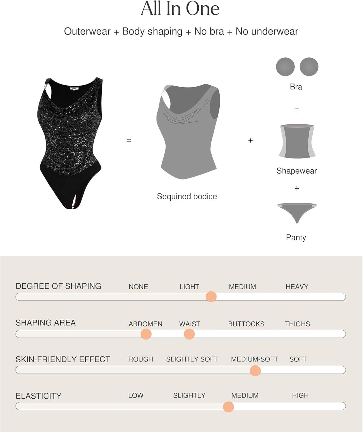 imagePopilush Shapewear for Women Sequin Cowl Neck Chain Tummy Control Sparkly Body Shaper Sexy Body Suit Going Out Party TopBlack