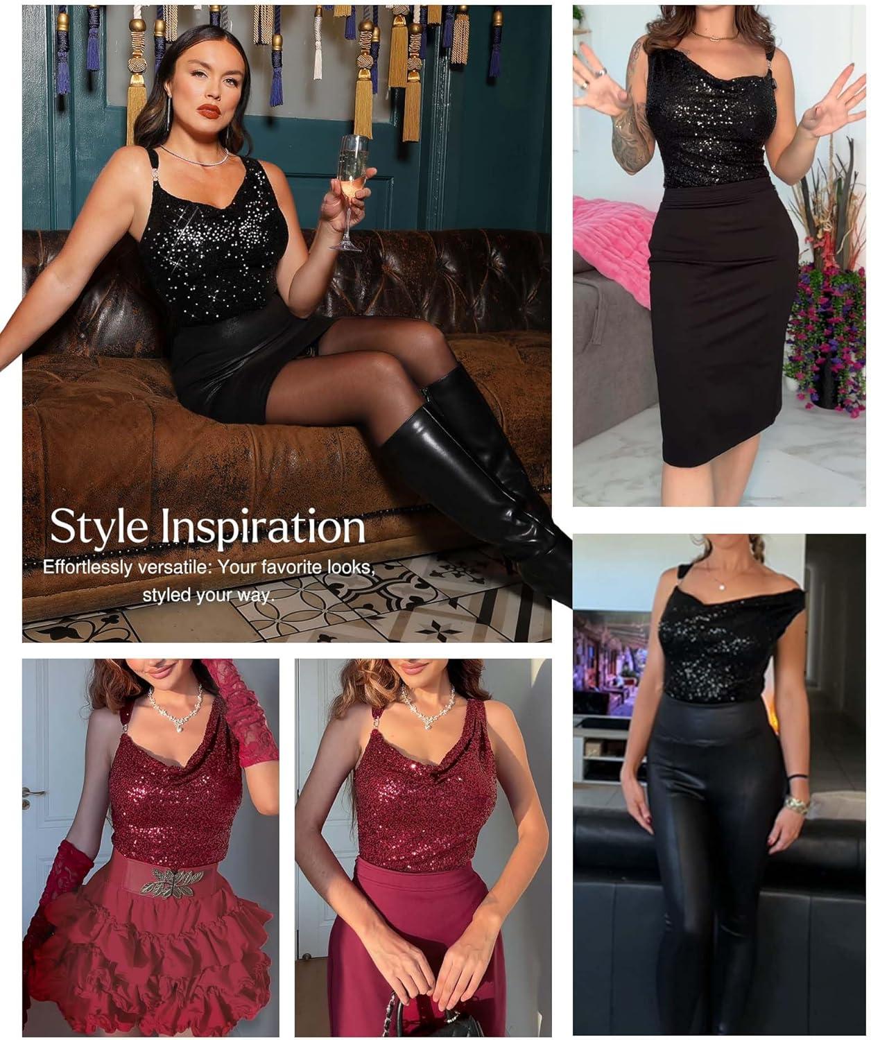 imagePopilush Shapewear for Women Sequin Cowl Neck Chain Tummy Control Sparkly Body Shaper Sexy Body Suit Going Out Party TopBlack