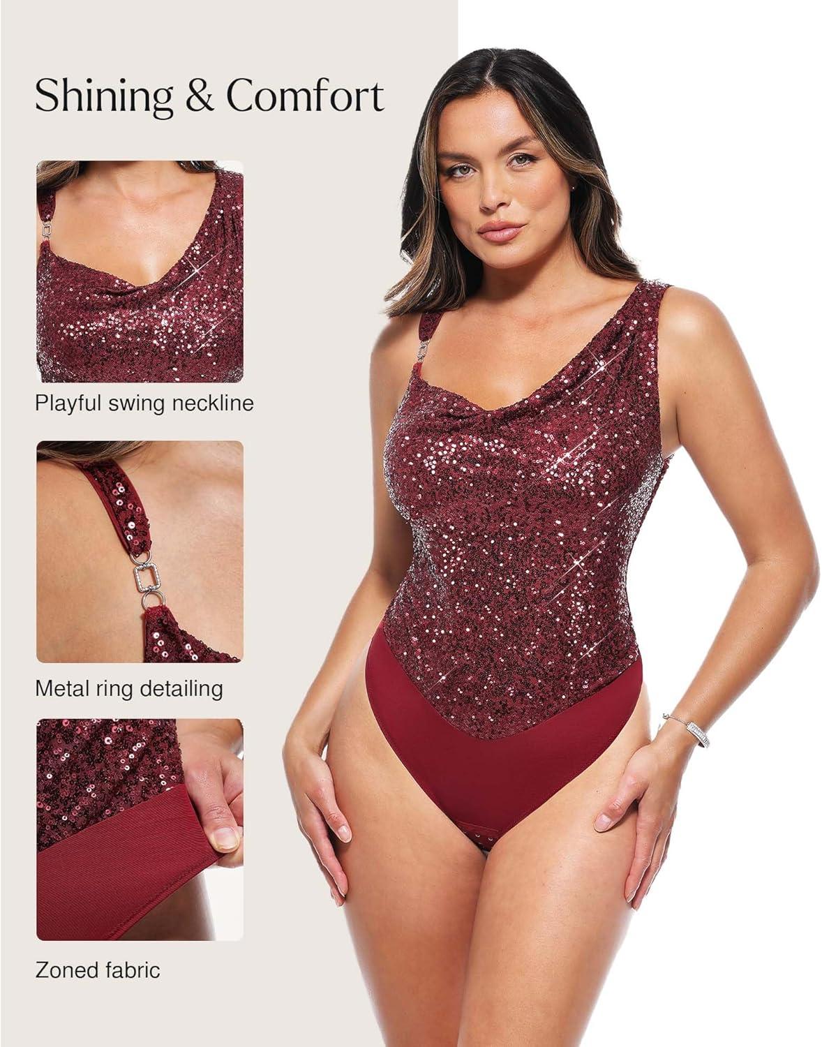 imagePopilush Shapewear for Women Sequin Cowl Neck Chain Tummy Control Sparkly Body Shaper Sexy Body Suit Going Out Party TopRed