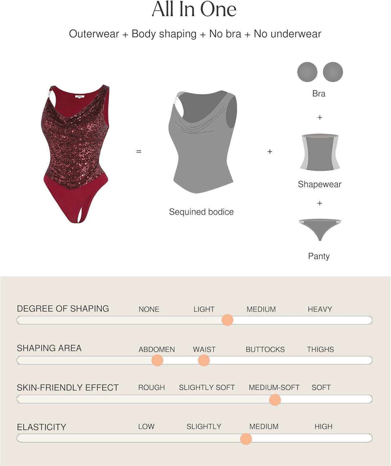 imagePopilush Shapewear for Women Sequin Cowl Neck Chain Tummy Control Sparkly Body Shaper Sexy Body Suit Going Out Party TopRed