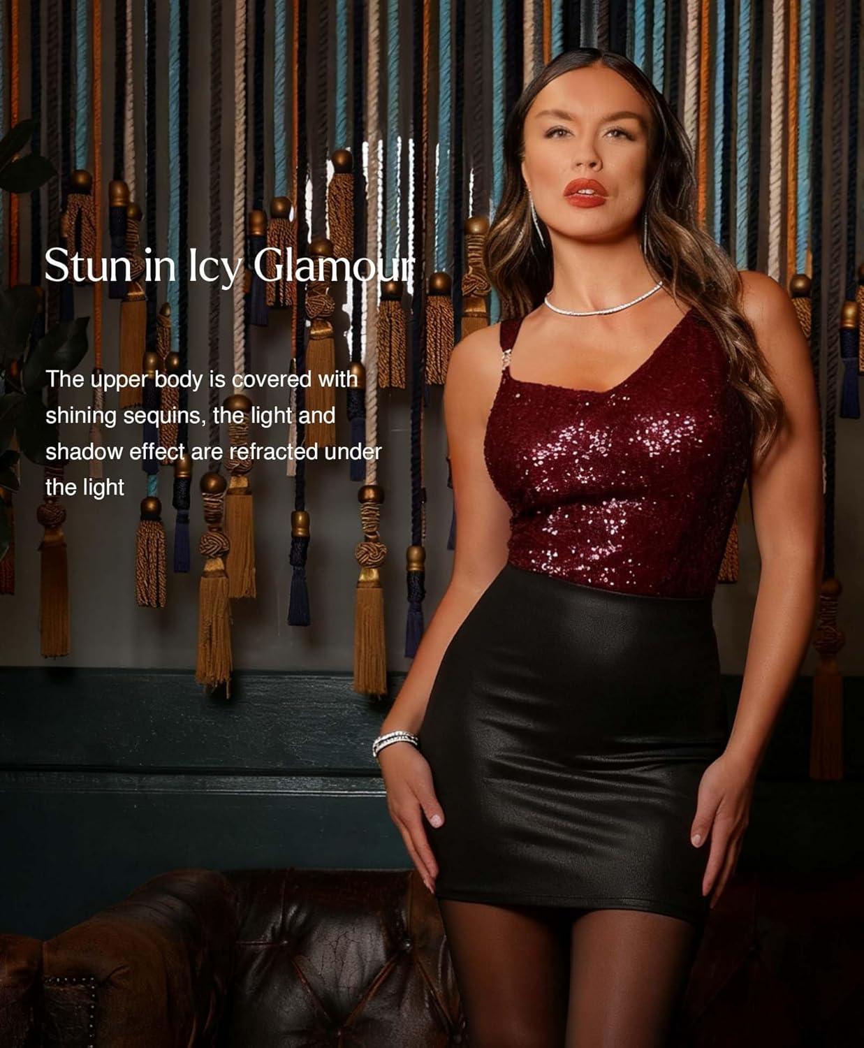 imagePopilush Shapewear for Women Sequin Cowl Neck Chain Tummy Control Sparkly Body Shaper Sexy Body Suit Going Out Party TopRed