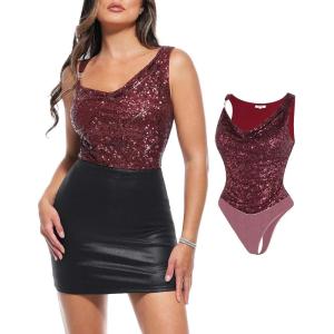 imagePopilush Shapewear for Women Sequin Cowl Neck Chain Tummy Control Sparkly Body Shaper Sexy Body Suit Going Out Party TopRed