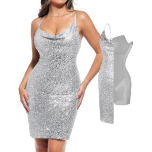 imagePopilush Sequin Mini Dress for Women Slimming Shapewear with Cowl Neck Bodycon Sparkly Gown for Cocktail Party ampamp ClubGray