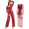 imagePopilush Jumpsuits for Women with Build in Shapewear Long Sleeve Formal Jumpsuit Bodycon Square Neck RomperRed