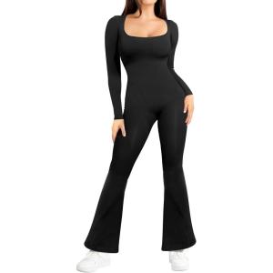 imagePopilush Jumpsuits for Women  Square Neck Wide Leg Workout Fall Jumpsuit Built in Bra Long Sleeve Full Length RomperBlack