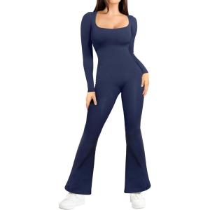 imagePopilush Jumpsuits for Women  Square Neck Wide Leg Workout Fall Jumpsuit Built in Bra Long Sleeve Full Length RomperBlue