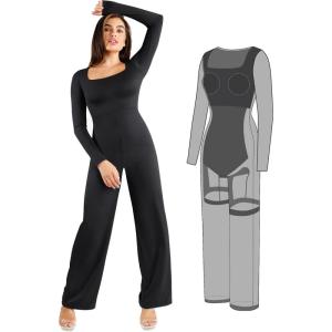 imagePopilush Jumpsuits for Women with Build in Shapewear Long Sleeve Formal Jumpsuit Bodycon Square Neck RomperBlack