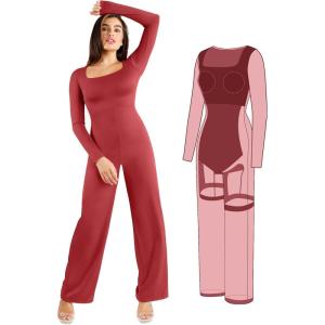 imagePopilush Jumpsuits for Women with Build in Shapewear Long Sleeve Formal Jumpsuit Bodycon Square Neck RomperRed