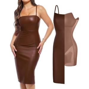 imagePopilush Leather Dress for Women Shapewear Slimming Midi Dress Side Zipper Square Neck Bodycon for Cocktail Party ClubBrown