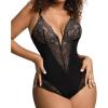 imagePopilush Shapewear Bodysuits for Women Lace Corset Tops Tummy Control V Neck Sleeveless Body Suit ThongsBlack