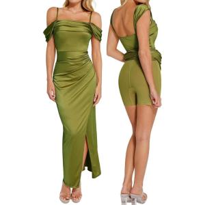 imagePopilush Womens Shapewear Maxi Dress Multi Way Wear Off The Shoulder Bodycon Long Cocktail Formal DressesGreen