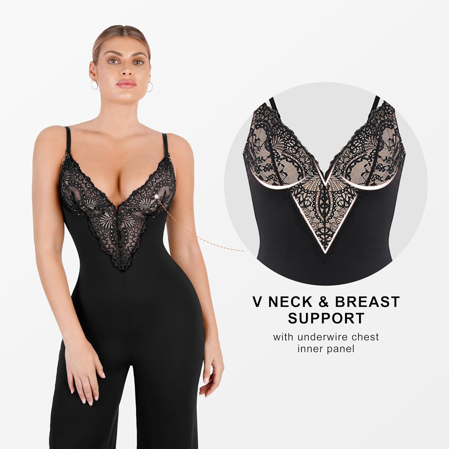 imagePopilush Lace Shapewear Jumpsuit for Women Built In Shapewear Backless V Neck Flare leggings Spaghetti Straps Wide Leg RomperBlack