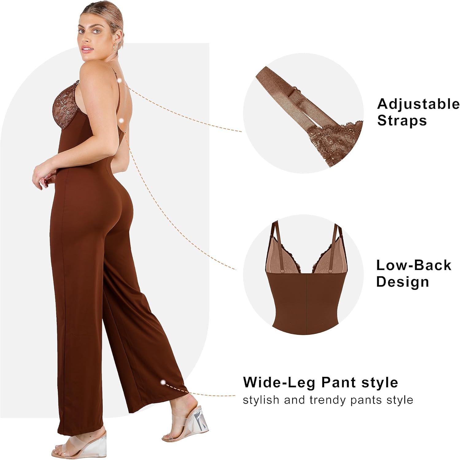 imagePopilush Lace Shapewear Jumpsuit for Women Built In Shapewear Backless V Neck Flare leggings Spaghetti Straps Wide Leg RomperBrown
