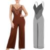 imagePopilush Lace Shapewear Jumpsuit for Women Built In Shapewear Backless V Neck Flare leggings Spaghetti Straps Wide Leg RomperBrown