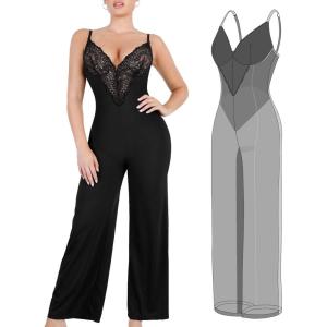imagePopilush Lace Shapewear Jumpsuit for Women Built In Shapewear Backless V Neck Flare leggings Spaghetti Straps Wide Leg RomperBlack