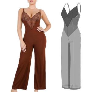 imagePopilush Lace Shapewear Jumpsuit for Women Built In Shapewear Backless V Neck Flare leggings Spaghetti Straps Wide Leg RomperBrown