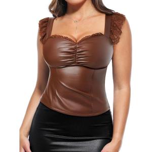 imagePopilush Leather Top Tummy Control Lace Corset Going Out Club Tops for Women Concert OutfitsBrown