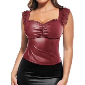 imagePopilush Leather Top Tummy Control Lace Corset Going Out Club Tops for Women Concert OutfitsRed