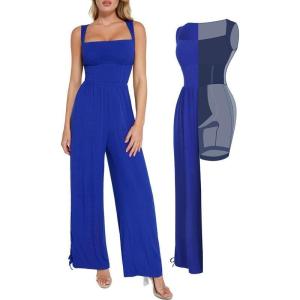 imagePopilush Jumpsuits for Women Dressy Casual Loose Overalls Sleeveless Rompers Outfits with Shapewear Adjustable Trouser Legs Blue