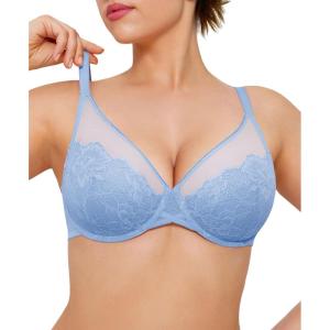 imagePopilush Minimizer Bras for Women Plus Size Full Coverage Lace Underwire Support Push Up Bra for Heavy Breast Everyday WearBlue
