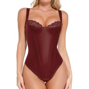 imagePopilush Faux Leather Body Suits for Womens Tummy Control Shapewear Bodysuit Lace Corset Tops Thong Body ShaperDark Red