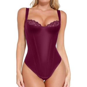 imagePopilush Faux Leather Body Suits for Womens Tummy Control Shapewear Bodysuit Lace Corset Tops Thong Body ShaperPurple