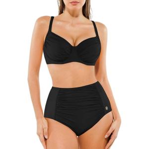 imagePopilush Two Piece Shapewear Swimsuits for Women Tummy Control High Waisted Bikini Sets Push Up Ruched Bathing SuitBlack