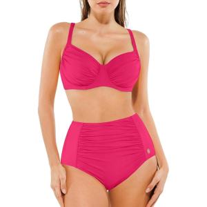 imagePopilush Two Piece Shapewear Swimsuits for Women Tummy Control High Waisted Bikini Sets Push Up Ruched Bathing SuitPink