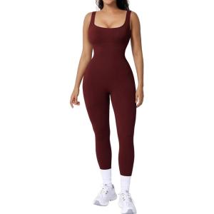 imagePopilush Jumpsuits for Women BuiltIn Bra Square Neck Ribbed Bodycon Workout Seamless Leggings Rompers BodysuitsRed