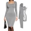 image:imagePopilush Cocktail Dress Long Sleeve Square Neck Midi Dress Shapewear Tummy Control Bodycon Dress Party Evening Built in BraGrey Midi Dress
