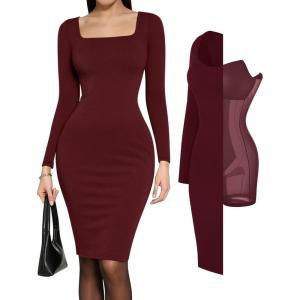 image:imagePopilush Cocktail Dress Long Sleeve Square Neck Midi Dress Shapewear Tummy Control Bodycon Dress Party Evening Built in BraNut Red Midi Dress