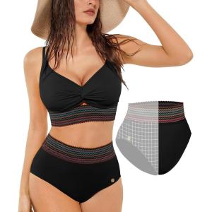 image:imagePopilush Tummy Control Swimsuits for Women High Waisted Bikini Sets Shapewear with Boho Trim 4 Way Wear Beach and PoolBlack