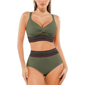 image:imagePopilush Tummy Control Swimsuits for Women High Waisted Bikini Sets Shapewear with Boho Trim 4 Way Wear Beach and PoolGreen