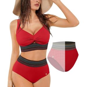 image:imagePopilush Tummy Control Swimsuits for Women High Waisted Bikini Sets Shapewear with Boho Trim 4 Way Wear Beach and PoolRed