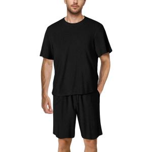 image:imagePopilush Mens Pajamas Set  Soft Comfy Modal Pjs Sets Lightweight Crewneck Short Sleeve Lounge Sleepwear Shorts with PocketsBlack