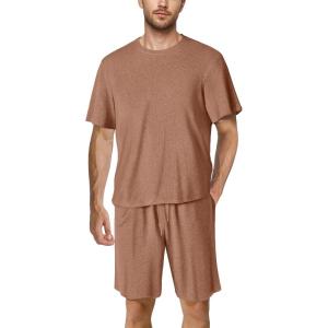 image:imagePopilush Mens Pajamas Set  Soft Comfy Modal Pjs Sets Lightweight Crewneck Short Sleeve Lounge Sleepwear Shorts with PocketsBrown
