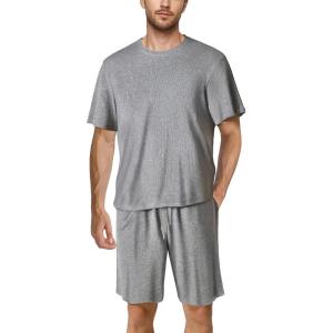 image:imagePopilush Mens Pajamas Set  Soft Comfy Modal Pjs Sets Lightweight Crewneck Short Sleeve Lounge Sleepwear Shorts with PocketsGrey