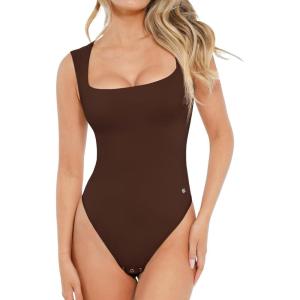 image:imagePopilush Bodysuits for Women  Sleeveless Square Neck Thong Bodysuit Tummy Control Double Lined Going Out Corset TopsDark Brown