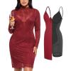 image:imagePopilush Lace Long Sleeve Dress  Shapewear Formal Mother of Bride Dresses Sheer Mesh Wedding Guest Mini Dress for WomenBurgundy