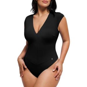 image:imagePopilush Shapewear Bodysuits for Women Deep V Neck Cap Sleeve Thong Body Suit Tummy Control Plus Size Going Out TopsBlack