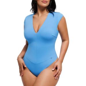 image:imagePopilush Shapewear Bodysuits for Women Deep V Neck Cap Sleeve Thong Body Suit Tummy Control Plus Size Going Out TopsBlue